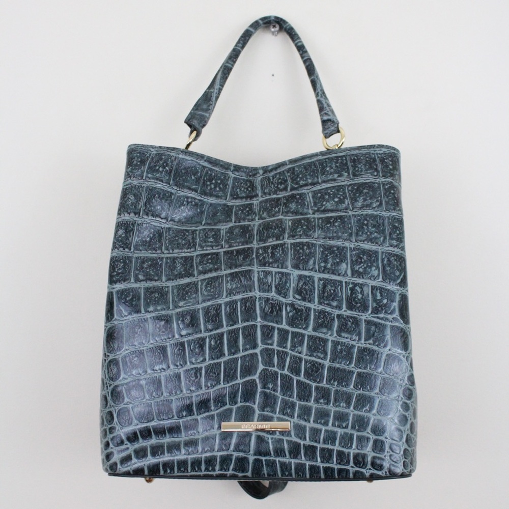 Brahmin Genuine Leather Green Obsidian Veil Amelia Bucket Shoulder Bag